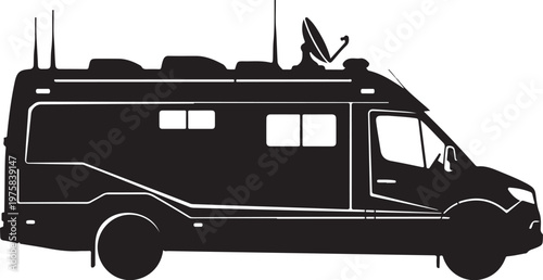 Black camper van, motorhome silhouette, RV icon, travel vehicle