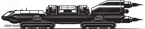 Futuristic military tank, armored vehicle, missile launcher, black and white vector