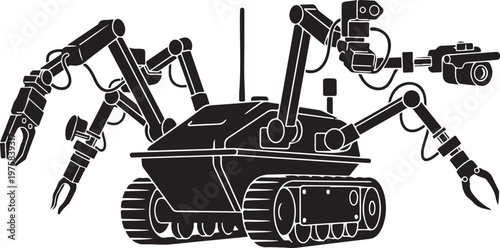 Robotic tank, mechanical arms, industrial robot, black and white vector, futuristic machine, robotic vehicle