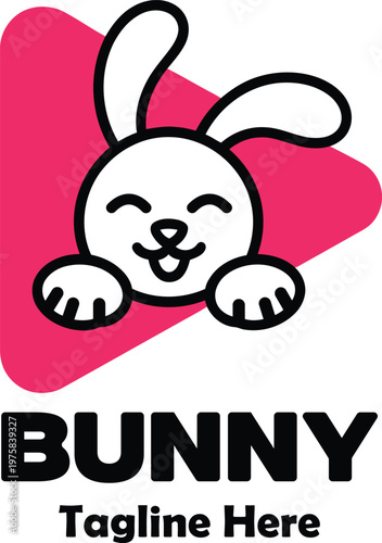 Cute happy cartoon white bunny rabbit with playful ears peeking over pink abstract shape isolated on transparent background