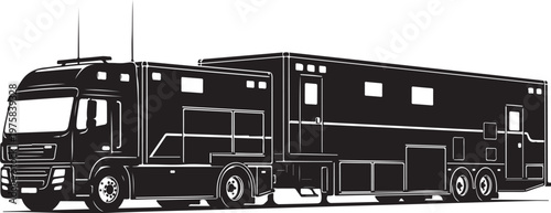 Vector semi truck, large RV, motorhome, vehicle illustration, black and white