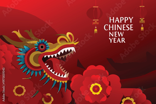 Festive chinese new year illustration with dragon and floral elements