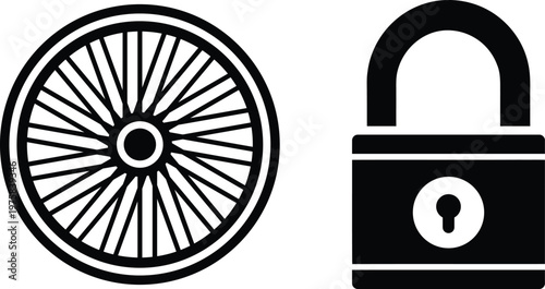 Two distinct vector icons representing a bicycle wheel and a security padlock on transparent background
