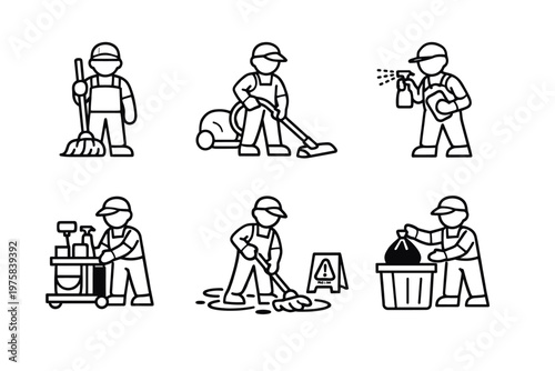 Cleaning workers line icon set in simple outline vector style