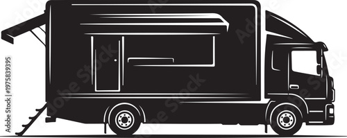 Black food truck, vector food truck, mobile kitchen, food cart