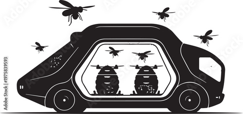Futuristic drone delivery van, black and white vehicle, drone swarm, autonomous transport