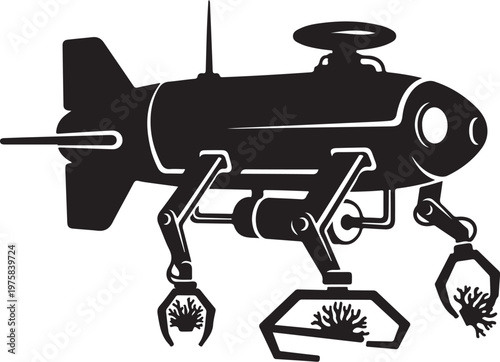 Black robotic submarine vector, underwater mining robot, industrial machine, futuristic equipment