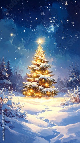 A snow-covered Christmas tree glows warmly under a starry night sky