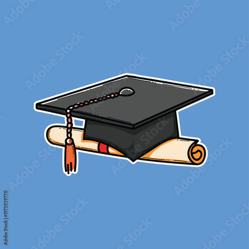 Graduation Cap and Diploma Illustration Representing Education, Degree Achievement and Academic Success