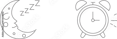 Minimalist sleep and wake up icons, thin line crescent moon with snoring letters, ringing alarm clock vector set for health and wellness apps