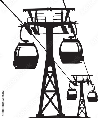 Cable car, gondola lift, ski lift, chairlift silhouette, vector transportation icons