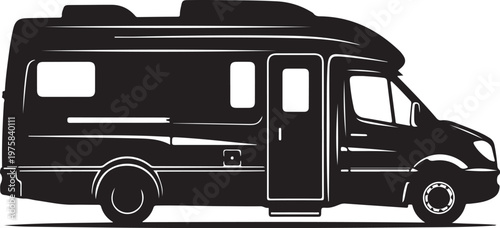 Motorhome, camper van, RV silhouette, black vector icon, travel trailer