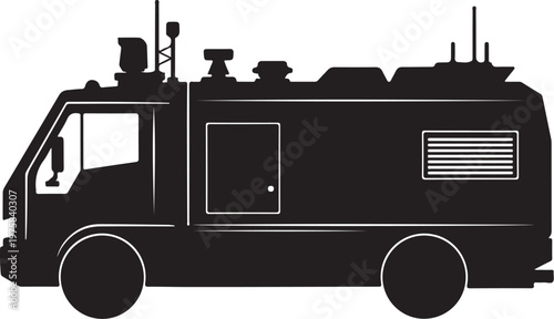 Black emergency response vehicle, rescue truck, emergency services, silhouette illustration, vector graphics
