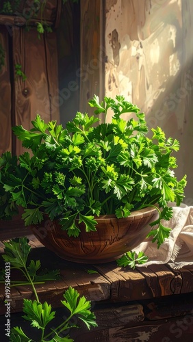 A potted green plant on a wooden surface
