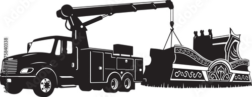 Tow truck, crane, roadside assistance, vehicle recovery, black silhouette, illustration