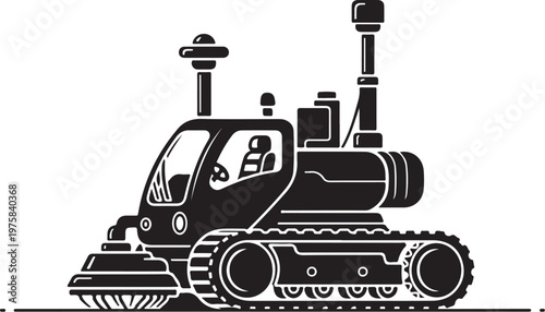 Black and white bulldozer, heavy equipment, construction vehicle, industrial machine, vector illustration
