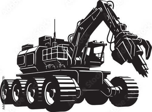 Heavy duty excavator, construction equipment, industrial machinery, black vector icon