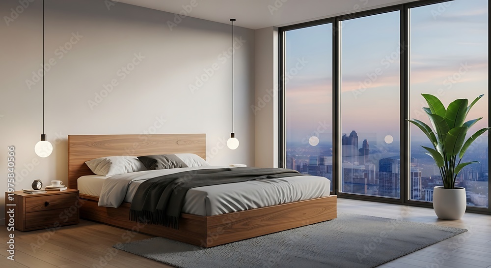 Fototapeta premium Modern minimalist bedroom interior with wooden bed frame and panoramic city view window at sunset twilight hour