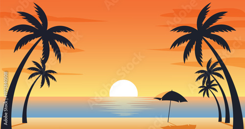 Tropical Sunset Beach Illustration with Silhouetted Palm Trees and Umbrella