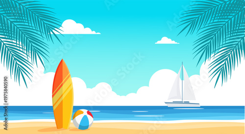 Beach Summer Vacation Illustration with Surfboard and Sailboat on the Ocean