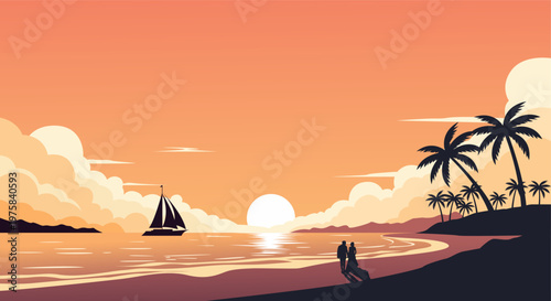 Beach Sunset Landscape with Romantic Couple and Sailboat Vector Illustration