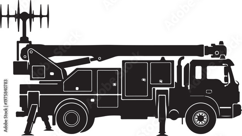Black silhouette truck, vector utility truck, telecommunications truck, antenna truck