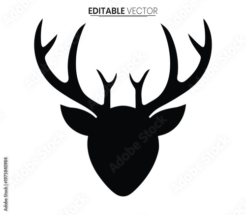A striking black deer head illustration with large antlers a modern silhouette