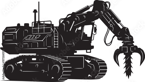 Heavy duty excavator, construction equipment, vector illustration, black silhouette, industrial machinery