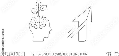 Minimalist growth mindset icons, human brain with plant sprout and rising arrow symbols, thin line vector stroke illustrations for personal development