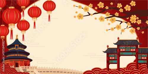 Festive China Holiday Background Template with Temple and Traditional Arch. Ideal for holiday greetings, posters, and invitations.