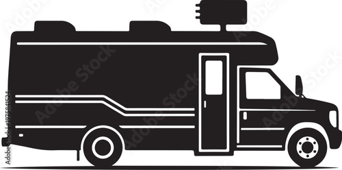 Black camper van, RV, motorhome silhouette, vector illustration, travel trailer