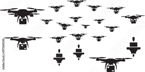 Drone icons, black drone silhouettes, flying drone graphics, quadcopter vector set
