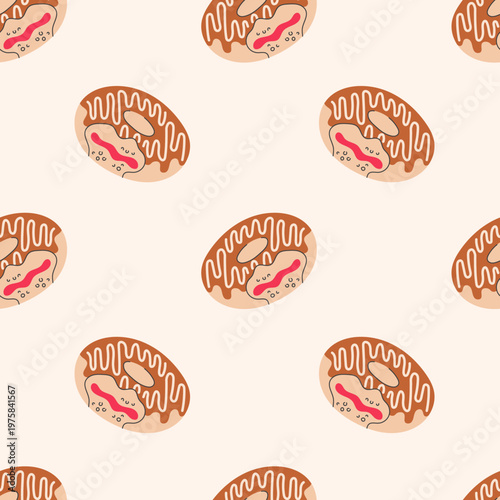 Bitten Doughnut Seamless Pattern. Cute Falling Caramel Donut with berry filling and frosting glaze topping with missing bite. Pastry Bakery Sweet Food. Vector Illustration