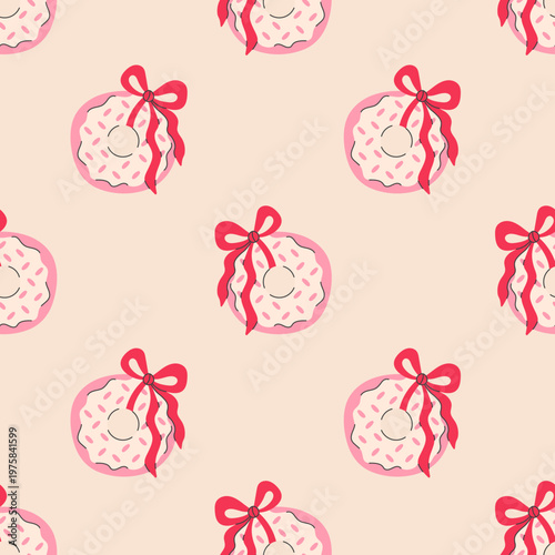 Pink Donut Bow Seamless Pattern. Cute Coquette Doughnut tied with Curly Ribbon, glaze topping with sugar sprinkles. Hand Drawn Flat vector illustration for package and branding