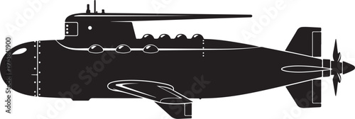 Black submarine vector, military submarine icon, ocean vehicle silhouette, naval vessel illustration