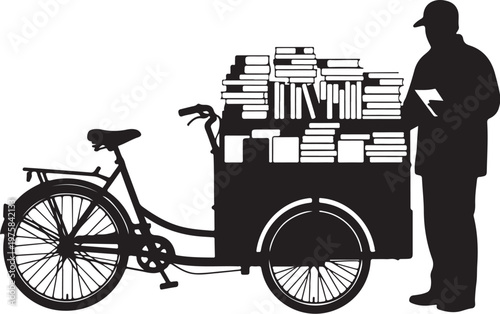 Black silhouette of delivery man with bicycle cart full of boxes, package delivery icon, courier service symbol, logistics vector graphic