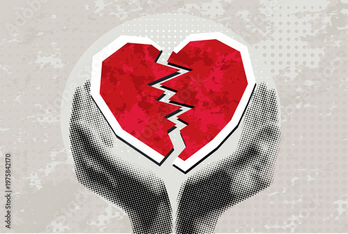 Title: Trendy halftone collage with Hands holding a red broken heart. Modern collage style. Vector