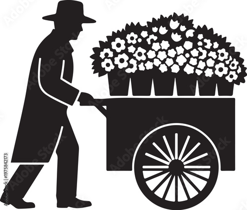 Black silhouette of man pushing flower cart, gardening illustration, floral vendor, monochrome icon