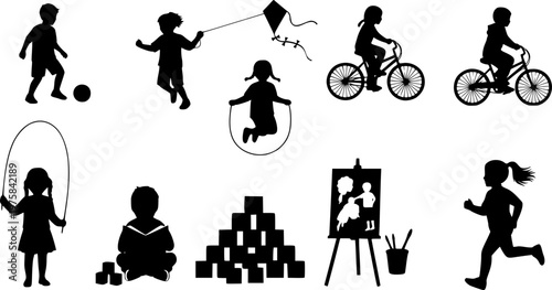 Kids standing together in row silhouettes. Children standing with various poses. Kids various outdoor activities vector silhouette set collection.
