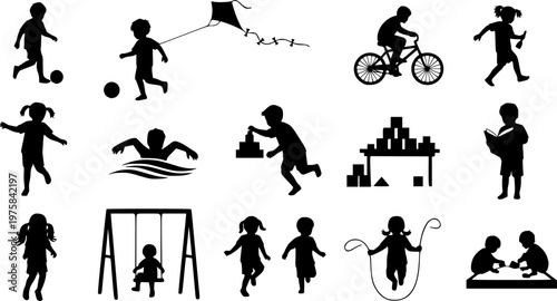 Kids standing together in row silhouettes. Children standing with various poses. Kids various outdoor activities vector silhouette set collection.
