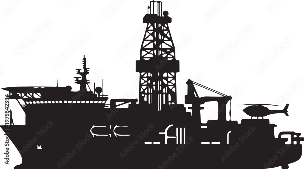 Obraz premium Offshore oil rig ship, drilling platform vessel, black silhouette icon, industrial maritime symbol