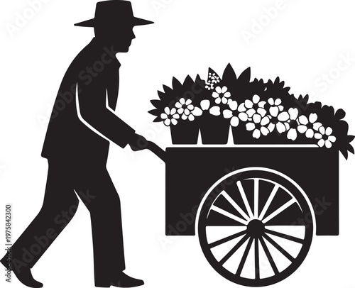 Black silhouette of man pushing flower cart, floral vendor, gardening illustration, vector graphics