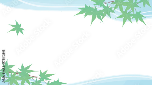 青紅葉の和風フレーム（16:9）ベクター｜落ち着いた初夏の横長装飾枠素材（背景透過・コピースペース）