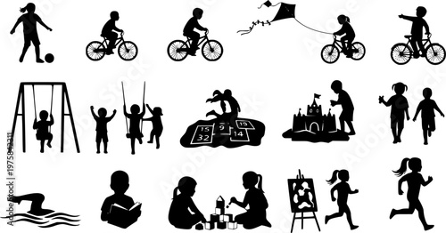 
Silhouettes set of group people adult and kids having fun outdoor activities vector.
