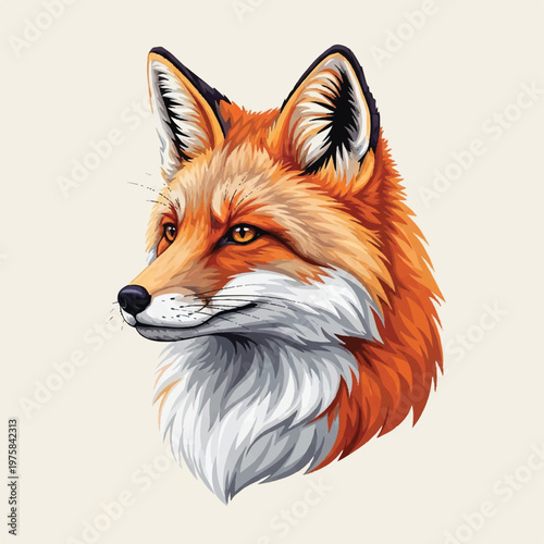Illustrated fox head portrait with vibrant orange and white fur and calm gaze.