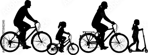 Silhouettes set of family riding bicycles and scooters together side view.
