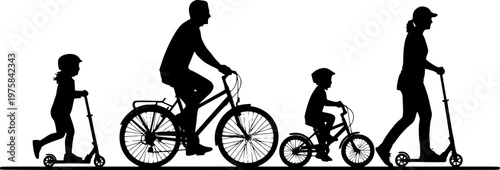 
Silhouettes set of family riding bicycles and scooters together side view.
