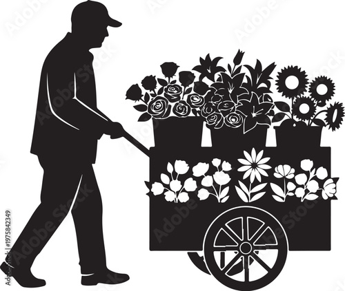 Black silhouette flower vendor, man pushing cart, floral arrangement, gardening tools, monochrome illustration