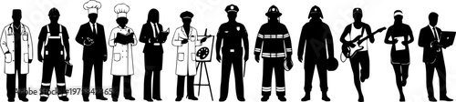 Collection of people different occupations or professions standing in a row vector silhouettes set.
