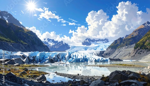 A serene mountain landscape with a glacier, lake, and sunny sky